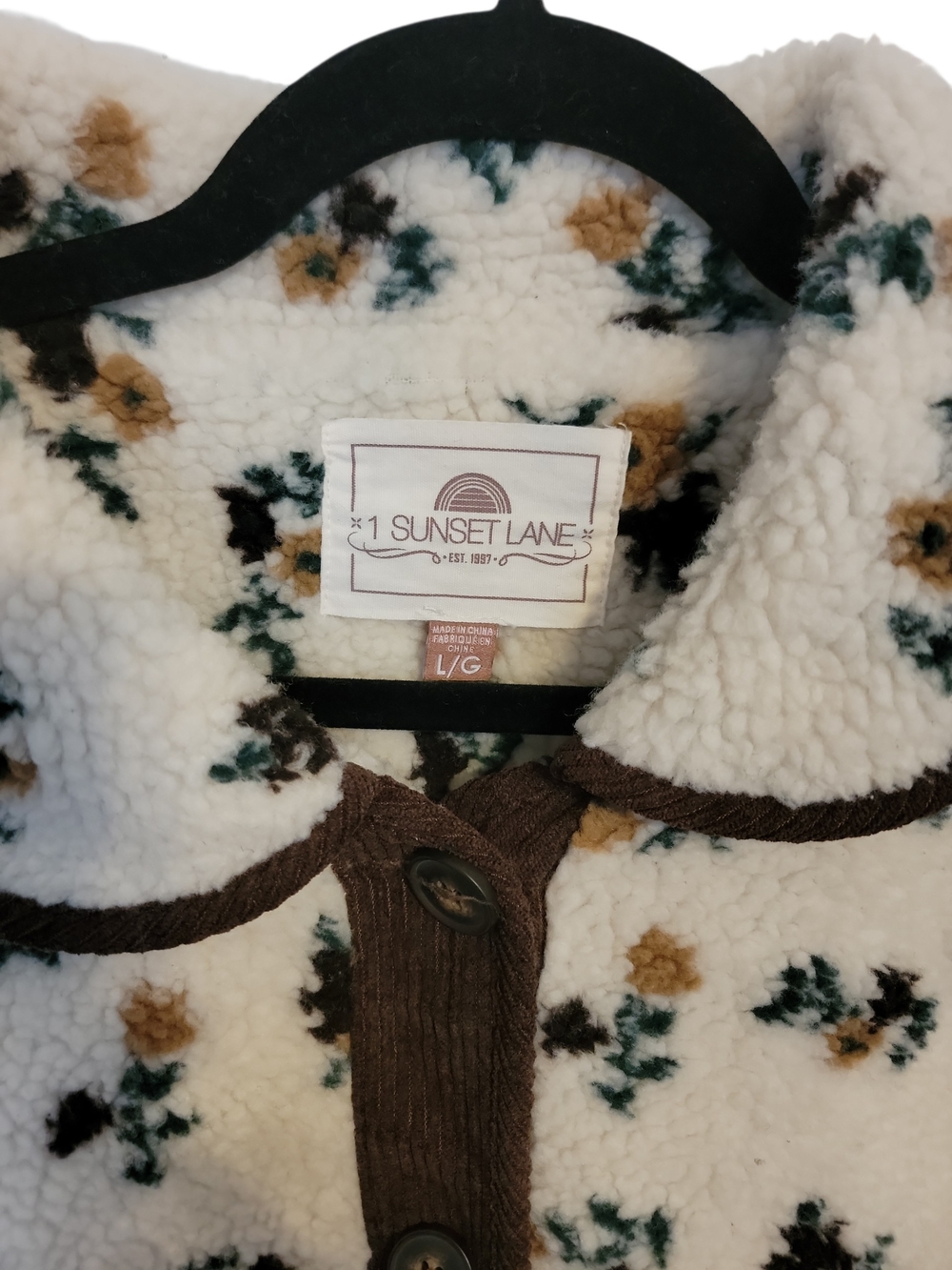 1 Sunset Lane Floral Sherpa Jacket - Cream with Brown Corduroy Trim - Picture 2 of 3